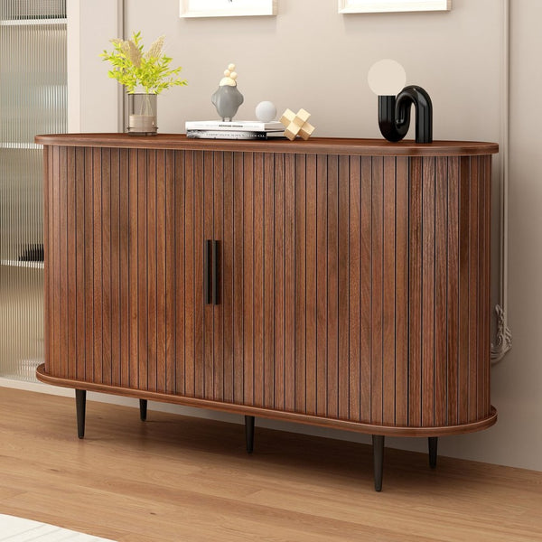 English Elm 47''w Walnut Fluted Credenza with Tambour Sliding Doors and Black Metal Base W2641P499520