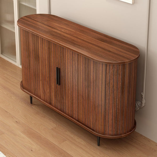 English Elm 47''w Walnut Fluted Credenza with Tambour Sliding Doors and Black Metal Base W2641P499520