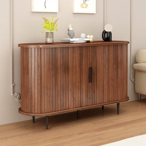 English Elm 47''w Walnut Fluted Credenza with Tambour Sliding Doors and Black Metal Base W2641P499520