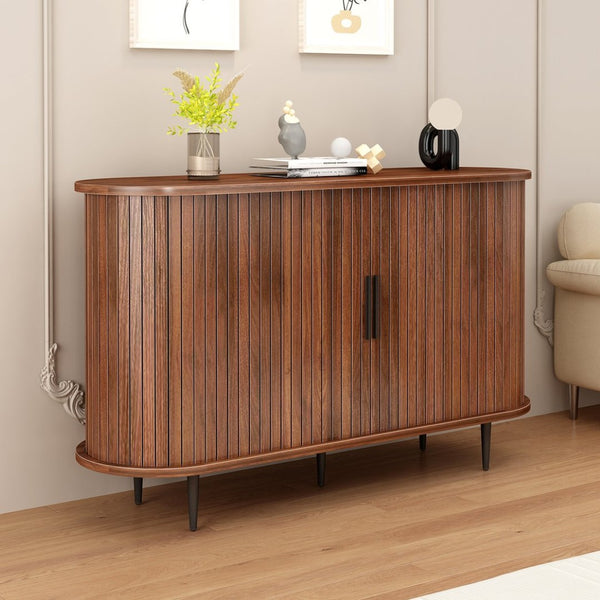 English Elm 47''w Walnut Fluted Credenza with Tambour Sliding Doors and Black Metal Base W2641P499520
