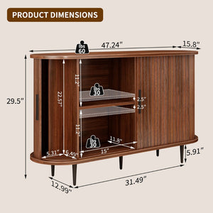 English Elm 47''w Walnut Fluted Credenza with Tambour Sliding Doors and Black Metal Base W2641P499520
