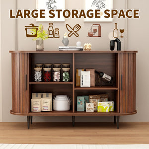 English Elm 47''w Walnut Fluted Credenza with Tambour Sliding Doors and Black Metal Base W2641P499520