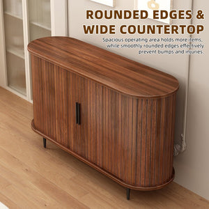 English Elm 47''w Walnut Fluted Credenza with Tambour Sliding Doors and Black Metal Base W2641P499520