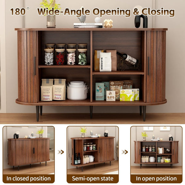 English Elm 47''w Walnut Fluted Credenza with Tambour Sliding Doors and Black Metal Base W2641P499520