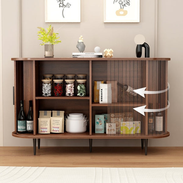 English Elm 47''w Walnut Fluted Credenza with Tambour Sliding Doors and Black Metal Base W2641P499520