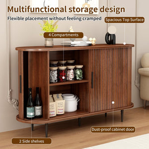 English Elm 47''w Walnut Fluted Credenza with Tambour Sliding Doors and Black Metal Base W2641P499520