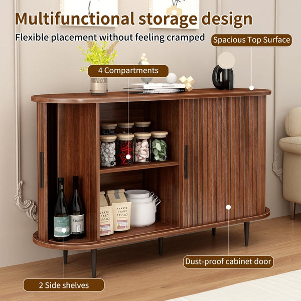 English Elm 47''w Walnut Fluted Credenza with Tambour Sliding Doors and Black Metal Base W2641P499520