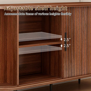 English Elm 47''w Walnut Fluted Credenza with Tambour Sliding Doors and Black Metal Base W2641P499520