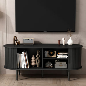 English Elm Tv Console with Sliding Door Fluted Mid-century Cabinet Woodgrain Media Storage Stand Black W2641P499656