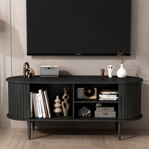 English Elm Tv Console with Sliding Door Fluted Mid-century Cabinet Woodgrain Media Storage Stand Black W2641P499656