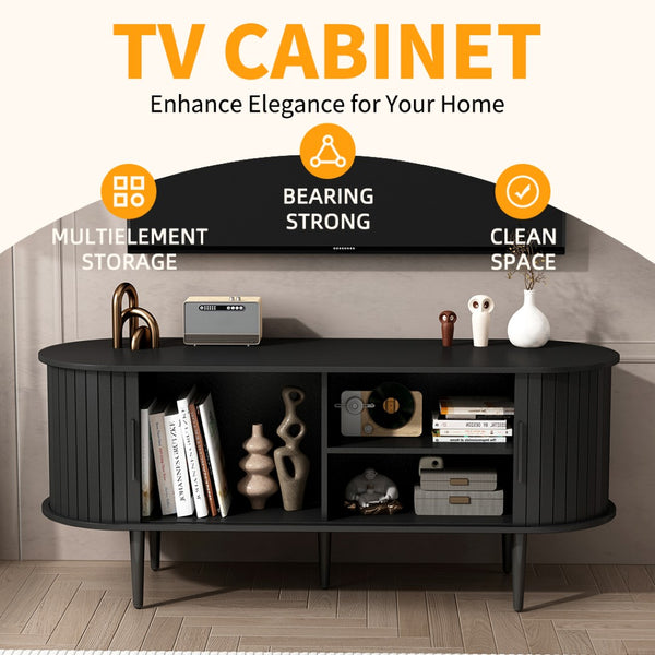 English Elm Tv Console with Sliding Door Fluted Mid-century Cabinet Woodgrain Media Storage Stand Black W2641P499656