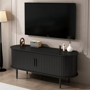English Elm Tv Console with Sliding Door Fluted Mid-century Cabinet Woodgrain Media Storage Stand Black W2641P499656