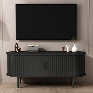 English Elm Tv Console with Sliding Door Fluted Mid-century Cabinet Woodgrain Media Storage Stand Black W2641P499656