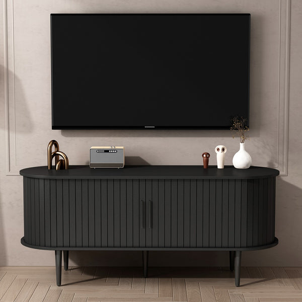 English Elm Tv Console with Sliding Door Fluted Mid-century Cabinet Woodgrain Media Storage Stand Black W2641P499656
