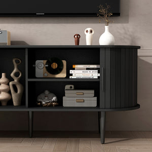 English Elm Tv Console with Sliding Door Fluted Mid-century Cabinet Woodgrain Media Storage Stand Black W2641P499656