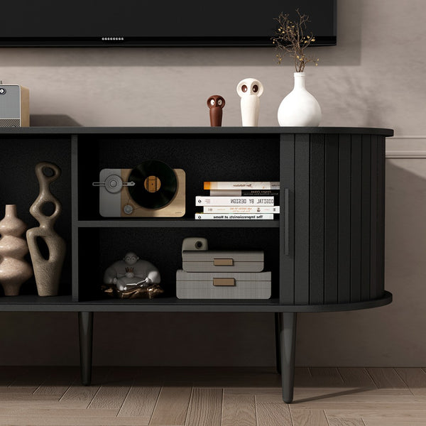 English Elm Tv Console with Sliding Door Fluted Mid-century Cabinet Woodgrain Media Storage Stand Black W2641P499656