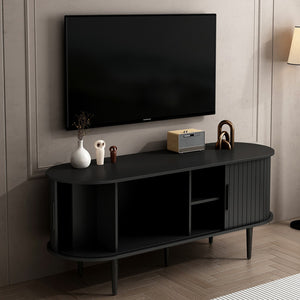 English Elm Tv Console with Sliding Door Fluted Mid-century Cabinet Woodgrain Media Storage Stand Black W2641P499656