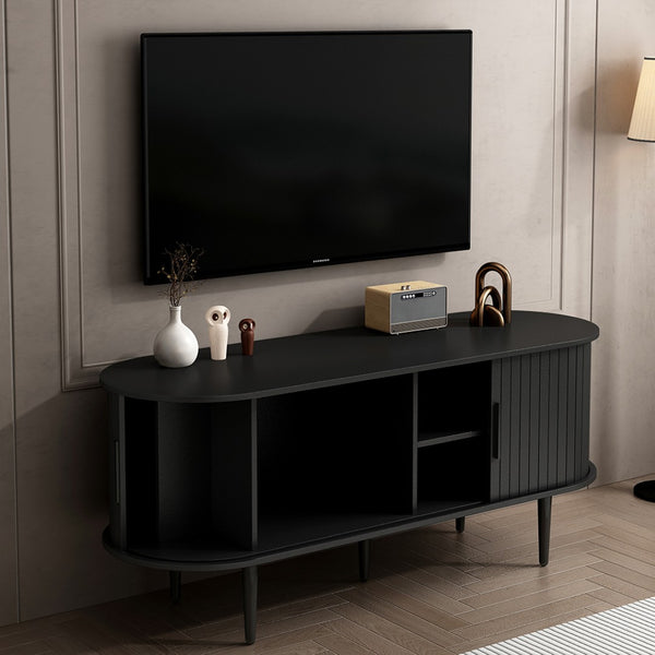 English Elm Tv Console with Sliding Door Fluted Mid-century Cabinet Woodgrain Media Storage Stand Black W2641P499656