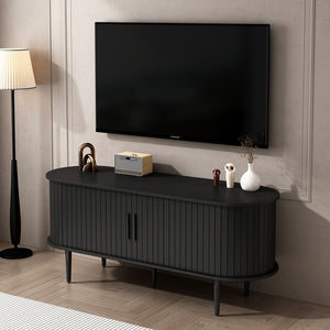English Elm Tv Console with Sliding Door Fluted Mid-century Cabinet Woodgrain Media Storage Stand Black W2641P499656