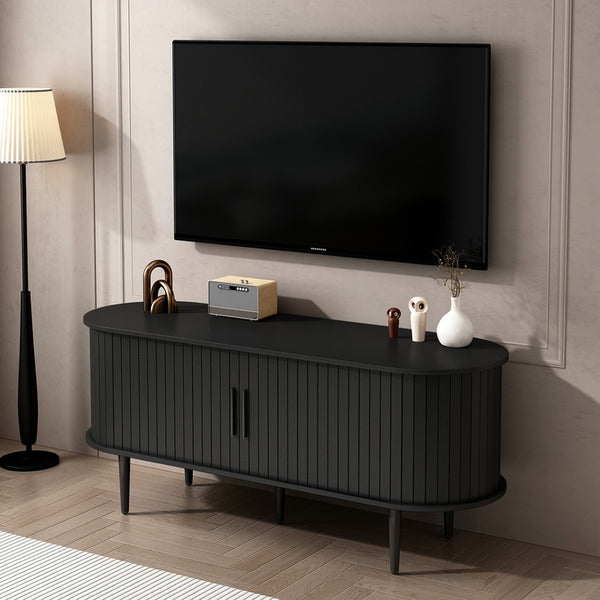 English Elm Tv Console with Sliding Door Fluted Mid-century Cabinet Woodgrain Media Storage Stand Black W2641P499656
