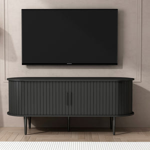 English Elm Tv Console with Sliding Door Fluted Mid-century Cabinet Woodgrain Media Storage Stand Black W2641P499656