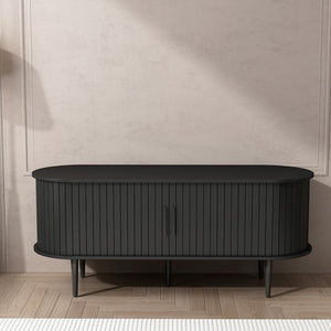 English Elm Tv Console with Sliding Door Fluted Mid-century Cabinet Woodgrain Media Storage Stand Black W2641P499656