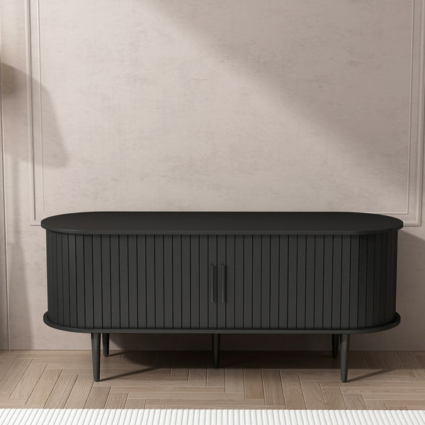 English Elm Tv Console with Sliding Door Fluted Mid-century Cabinet Woodgrain Media Storage Stand Black W2641P499656