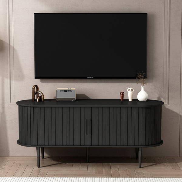 English Elm Tv Console with Sliding Door Fluted Mid-century Cabinet Woodgrain Media Storage Stand Black W2641P499656