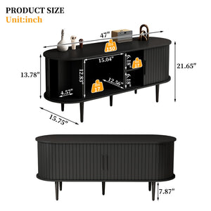 English Elm Tv Console with Sliding Door Fluted Mid-century Cabinet Woodgrain Media Storage Stand Black W2641P499656