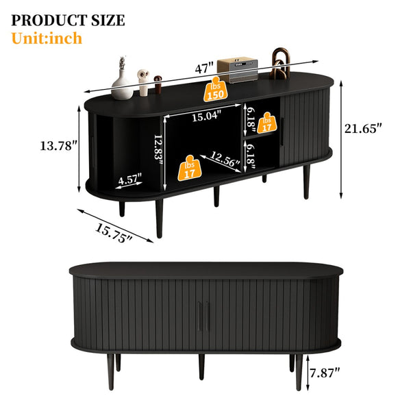 English Elm Tv Console with Sliding Door Fluted Mid-century Cabinet Woodgrain Media Storage Stand Black W2641P499656