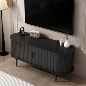 English Elm Tv Console with Sliding Door Fluted Mid-century Cabinet Woodgrain Media Storage Stand Black W2641P499656