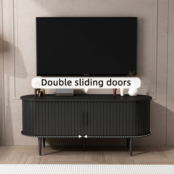 English Elm Tv Console with Sliding Door Fluted Mid-century Cabinet Woodgrain Media Storage Stand Black W2641P499656