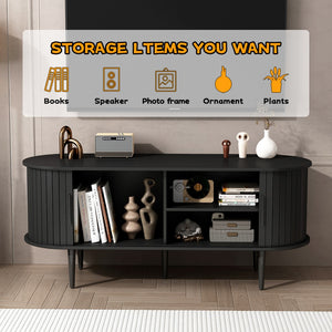 English Elm Tv Console with Sliding Door Fluted Mid-century Cabinet Woodgrain Media Storage Stand Black W2641P499656