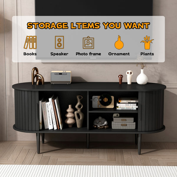 English Elm Tv Console with Sliding Door Fluted Mid-century Cabinet Woodgrain Media Storage Stand Black W2641P499656