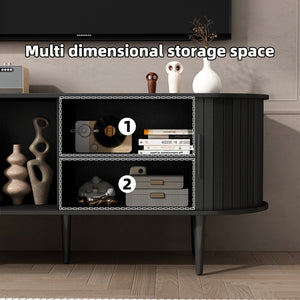 English Elm Tv Console with Sliding Door Fluted Mid-century Cabinet Woodgrain Media Storage Stand Black W2641P499656