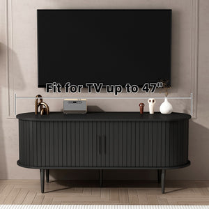 English Elm Tv Console with Sliding Door Fluted Mid-century Cabinet Woodgrain Media Storage Stand Black W2641P499656