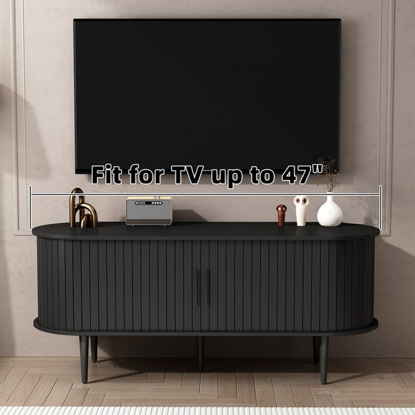 English Elm Tv Console with Sliding Door Fluted Mid-century Cabinet Woodgrain Media Storage Stand Black W2641P499656
