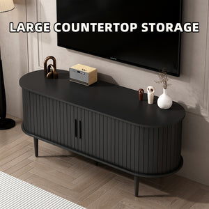 English Elm Tv Console with Sliding Door Fluted Mid-century Cabinet Woodgrain Media Storage Stand Black W2641P499656