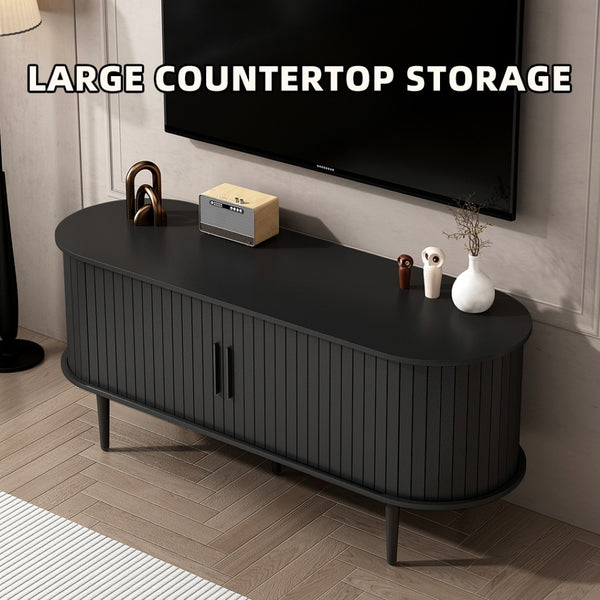 English Elm Tv Console with Sliding Door Fluted Mid-century Cabinet Woodgrain Media Storage Stand Black W2641P499656