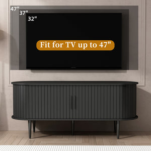 English Elm Tv Console with Sliding Door Fluted Mid-century Cabinet Woodgrain Media Storage Stand Black W2641P499656
