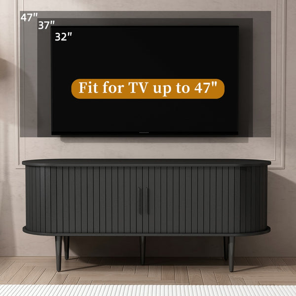 English Elm Tv Console with Sliding Door Fluted Mid-century Cabinet Woodgrain Media Storage Stand Black W2641P499656