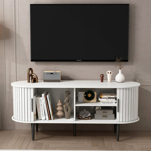 English Elm Tv Console with Sliding Door Fluted Mid-century Cabinet Woodgrain Media Storage Stand White W2641P499657