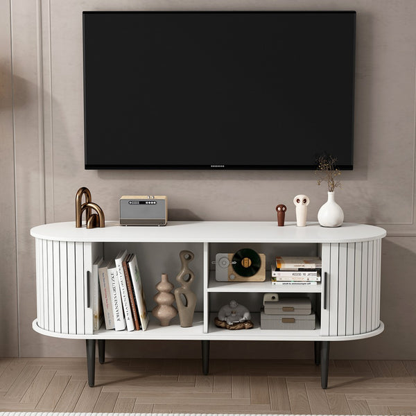 English Elm Tv Console with Sliding Door Fluted Mid-century Cabinet Woodgrain Media Storage Stand White W2641P499657