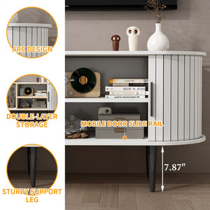 English Elm Tv Console with Sliding Door Fluted Mid-century Cabinet Woodgrain Media Storage Stand White W2641P499657