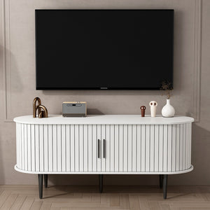 English Elm Tv Console with Sliding Door Fluted Mid-century Cabinet Woodgrain Media Storage Stand White W2641P499657