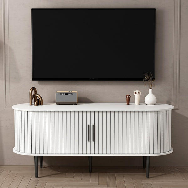 English Elm Tv Console with Sliding Door Fluted Mid-century Cabinet Woodgrain Media Storage Stand White W2641P499657