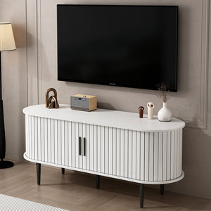 English Elm Tv Console with Sliding Door Fluted Mid-century Cabinet Woodgrain Media Storage Stand White W2641P499657