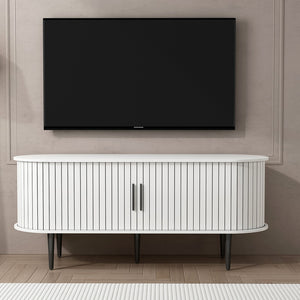 English Elm Tv Console with Sliding Door Fluted Mid-century Cabinet Woodgrain Media Storage Stand White W2641P499657