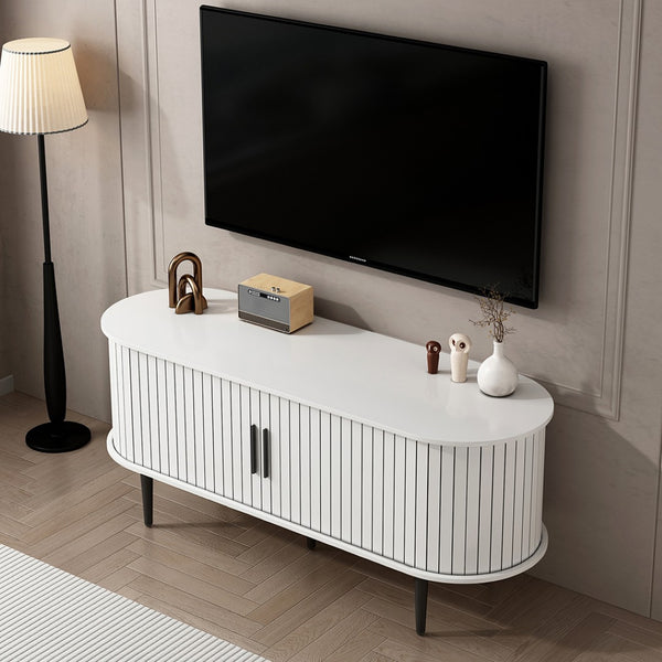 English Elm Tv Console with Sliding Door Fluted Mid-century Cabinet Woodgrain Media Storage Stand White W2641P499657