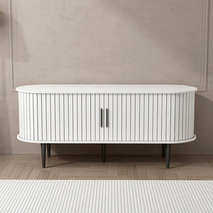 English Elm Tv Console with Sliding Door Fluted Mid-century Cabinet Woodgrain Media Storage Stand White W2641P499657
